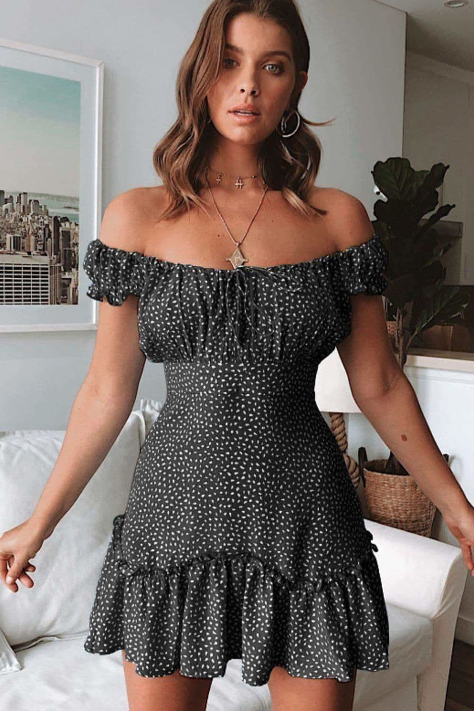 Printed Off-Shoulder Ruffle Hem Dress - SwagglyLife Home & Fashion